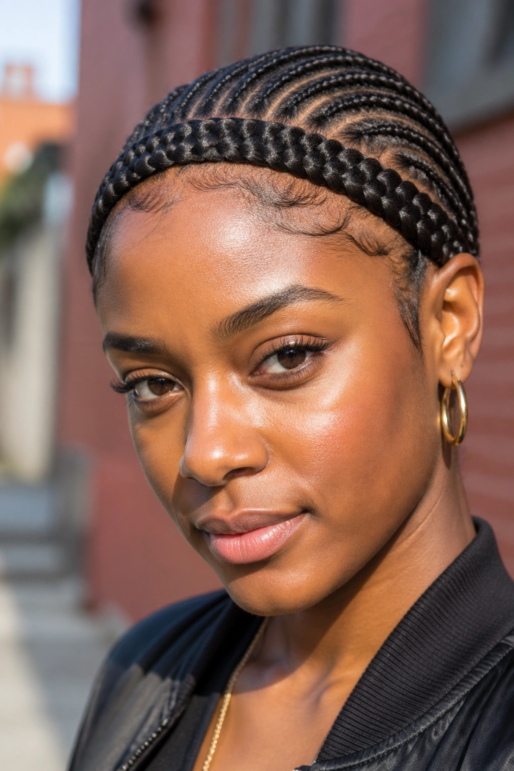 Close-up of a real woman with a front headband cornrow and behind-the-head braids