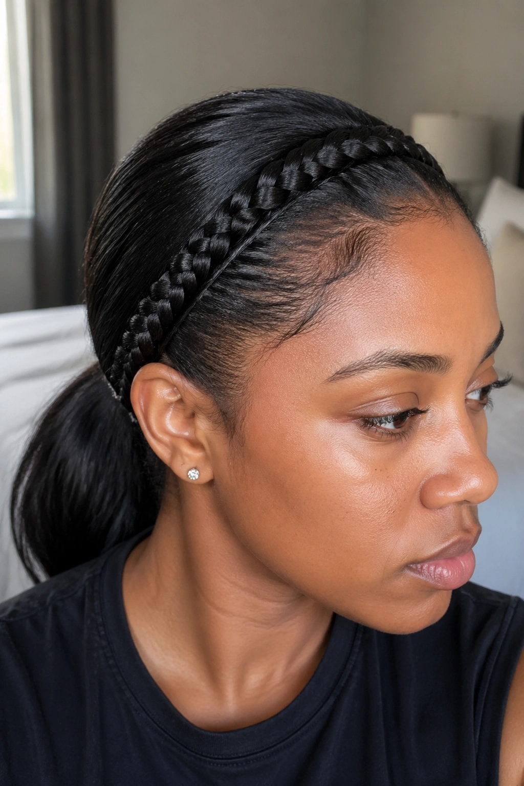 Close-up of a real woman with a French cornrow headband across the hairline.