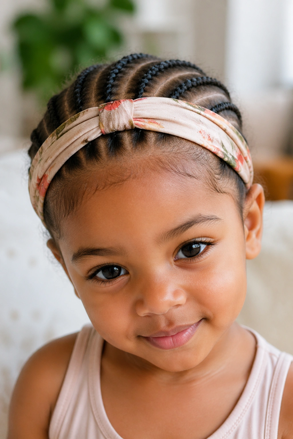 Close-up of a real child with decorative headband over cornrows