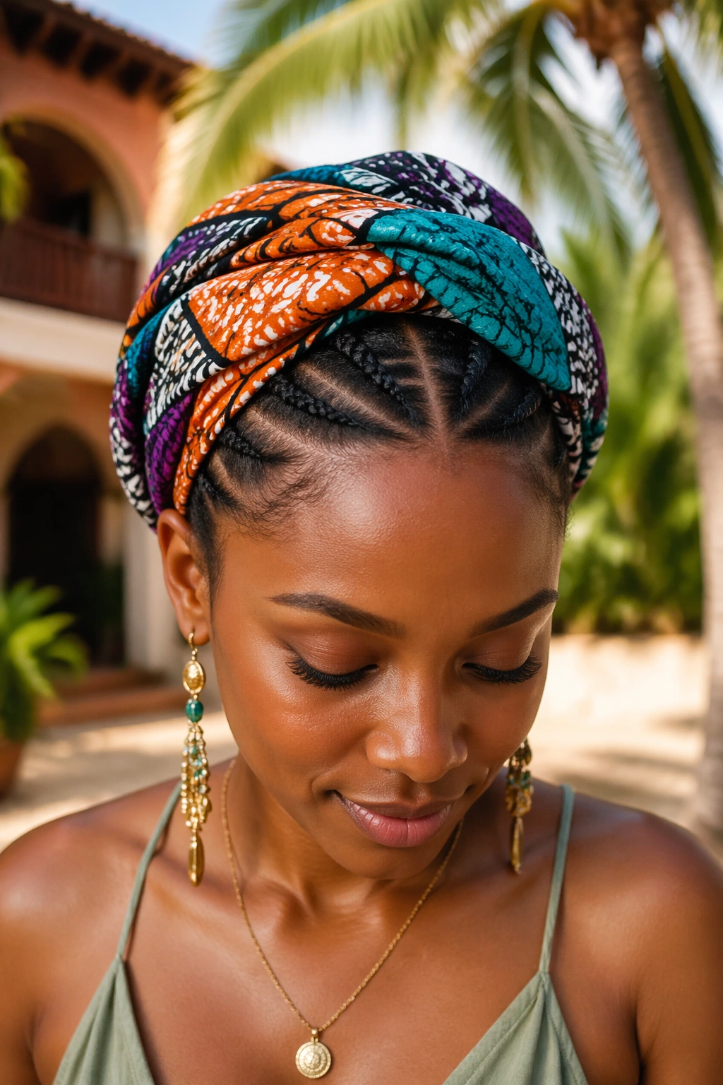 Close-up of a real person with cornrows wrapped in a headwrap
