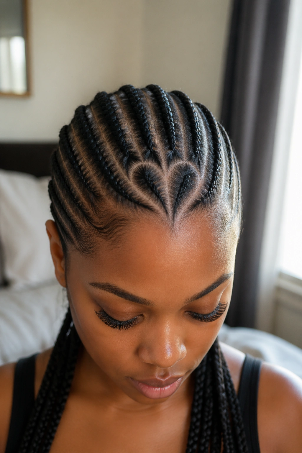 Eight cornrows with heart-shaped front parts on a real person