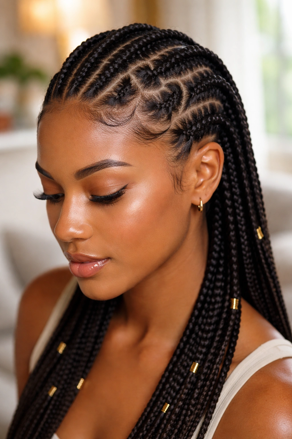 Real woman with straight-back cornrows showing heart-shaped scalp parts.