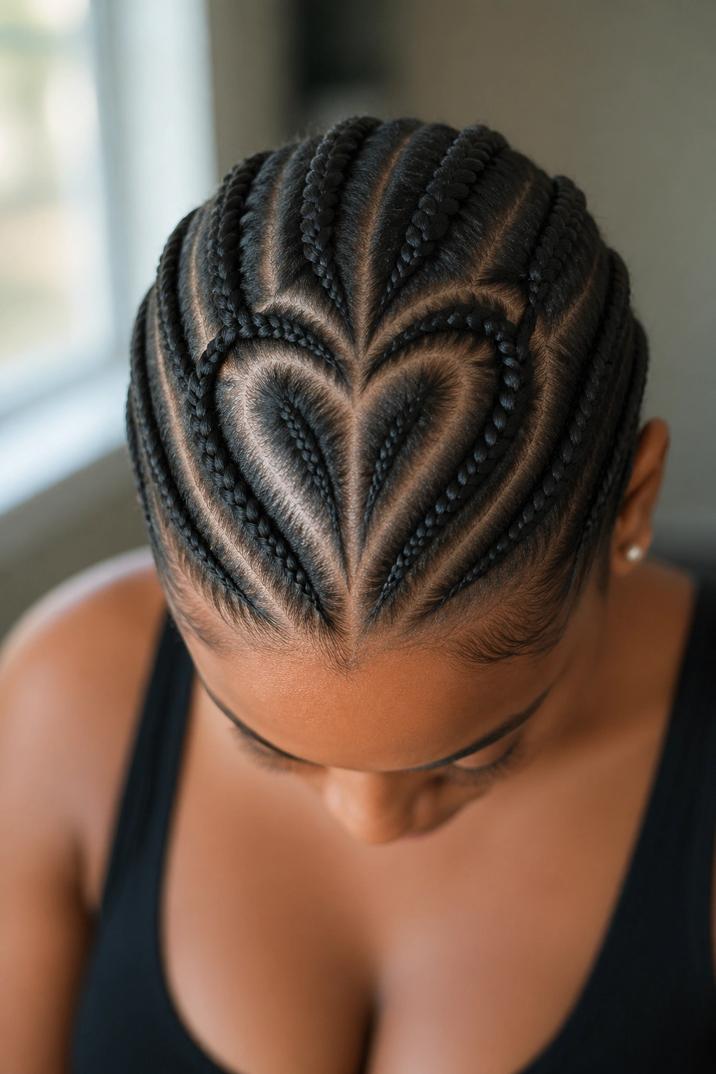 Close-up of a crown with a subtle heart-shaped cornrow pattern on a real woman's head