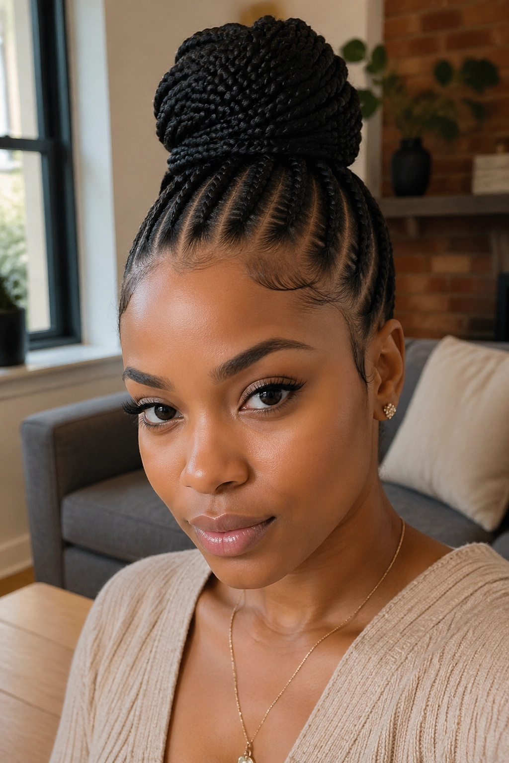 High bun created from cornrows on a real person with crown-drawn braids