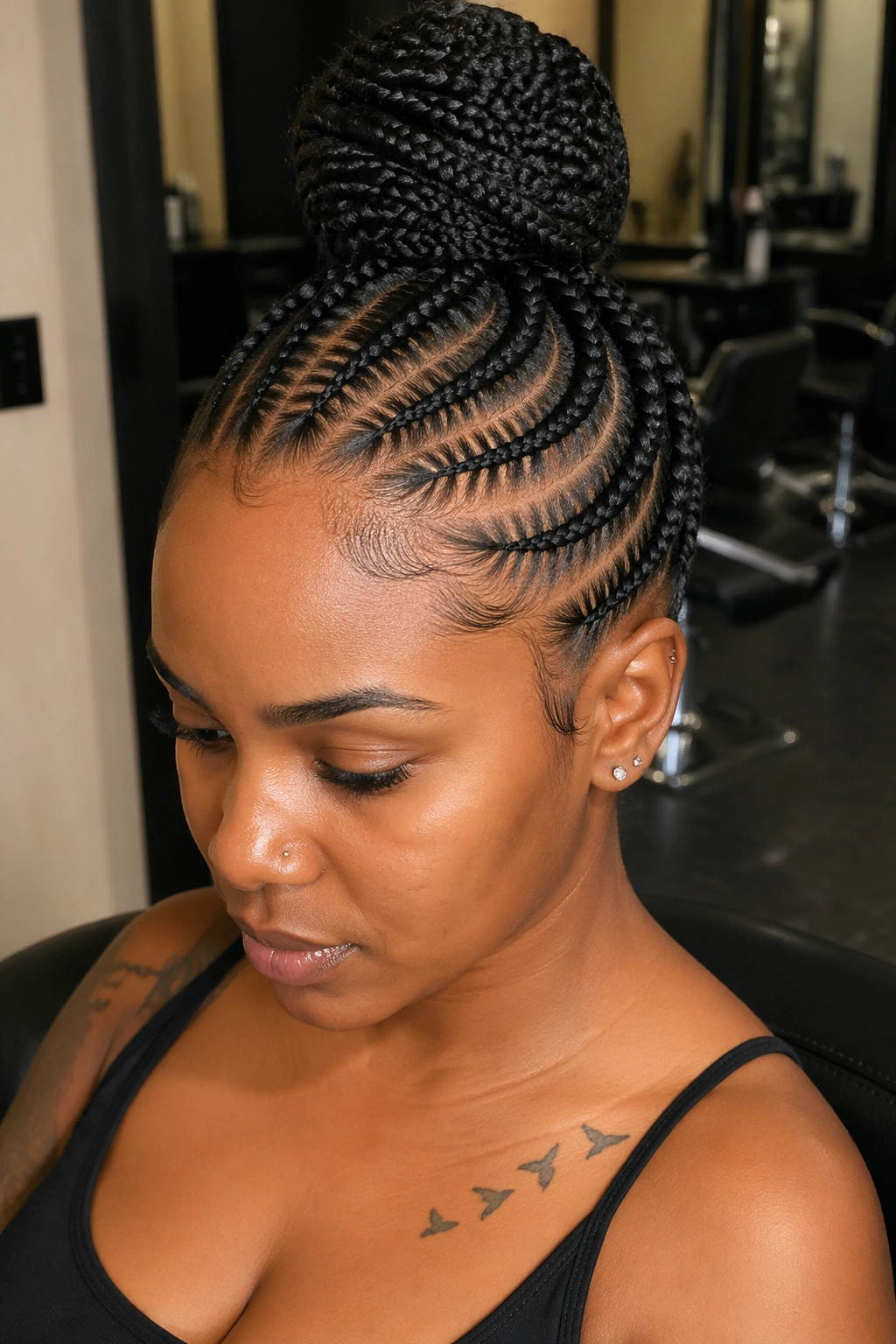 Close-up of cornrow base forming a high bun on a real woman in soft lighting