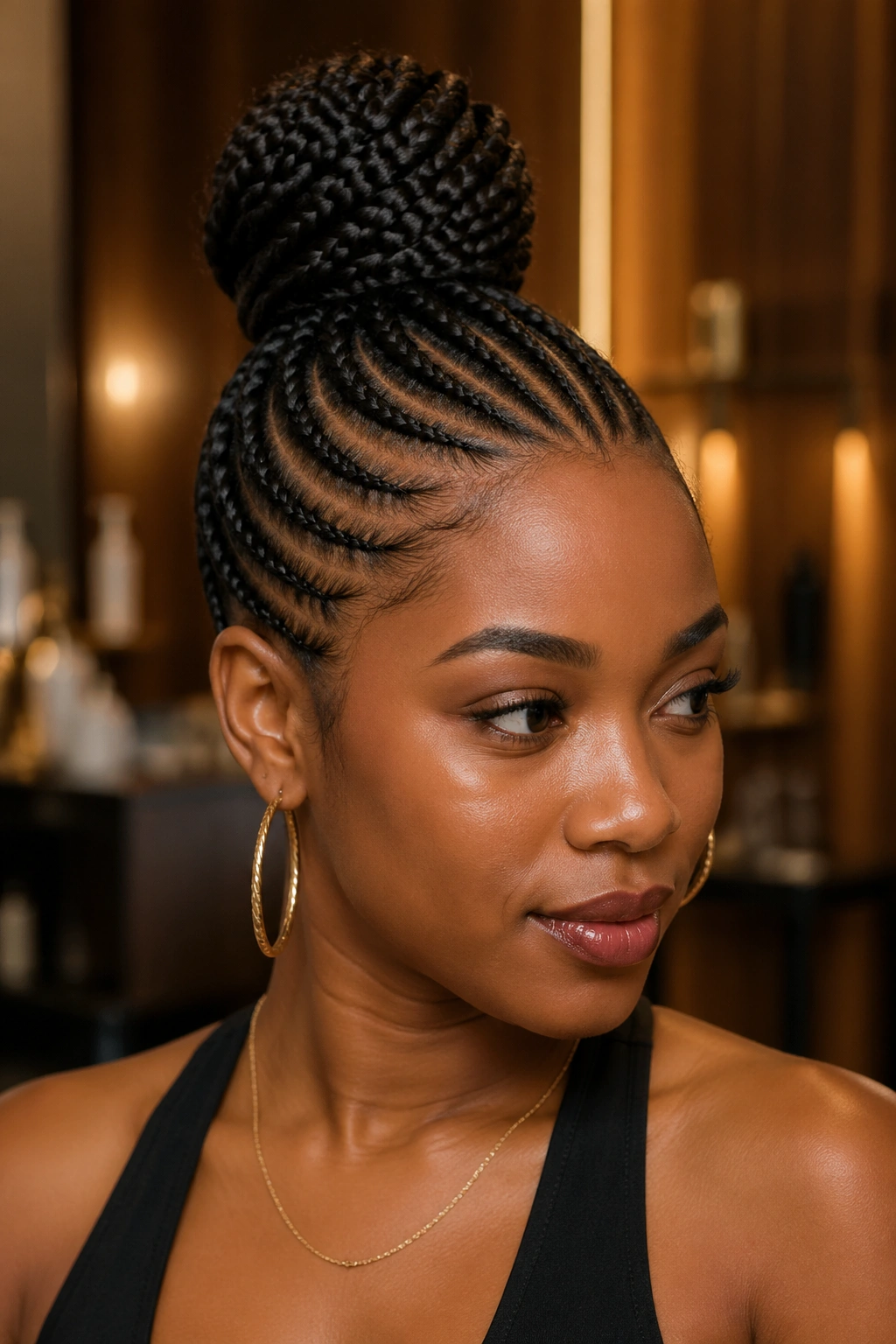 Close-up of a real woman with cornrows forming a high bun at the crown