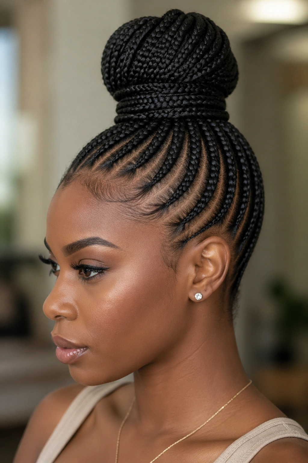 Portrait of a woman with cornrows forming a high bun wrapped with a braid end.