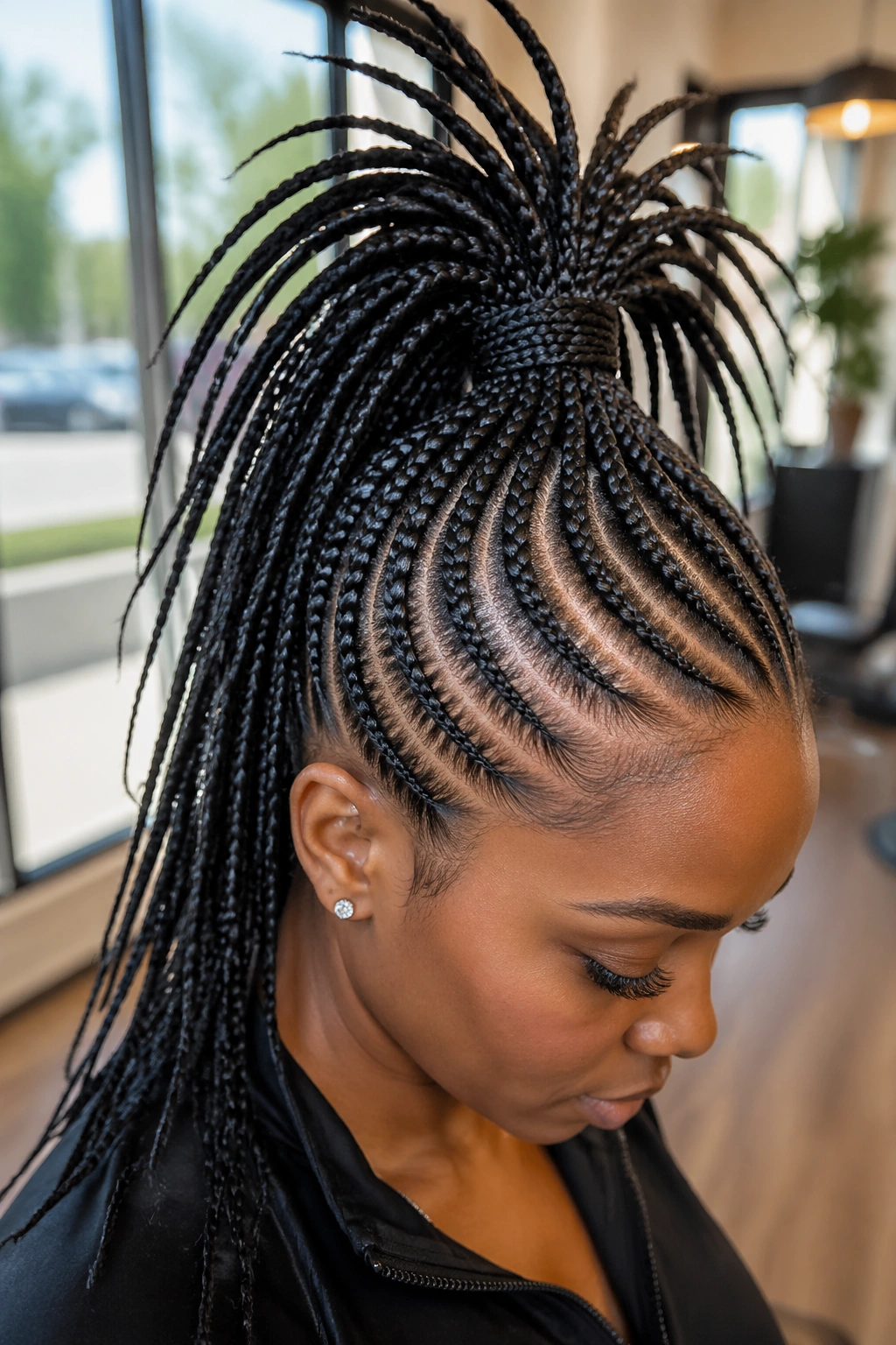 Close-up of a real woman with a high cornrow ponytail at the crown