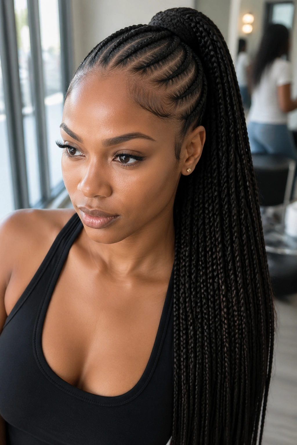 Ten straight-back cornrows ending in a high ponytail on a real person.