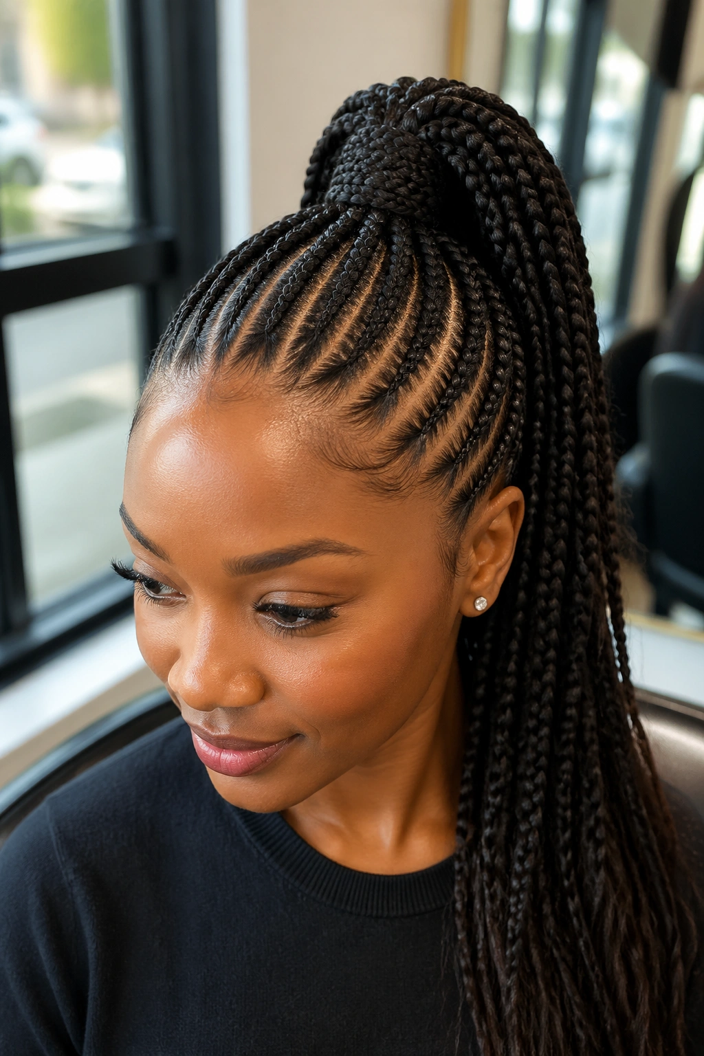 Close-up of a real woman with a high crown ponytail made from cornrows