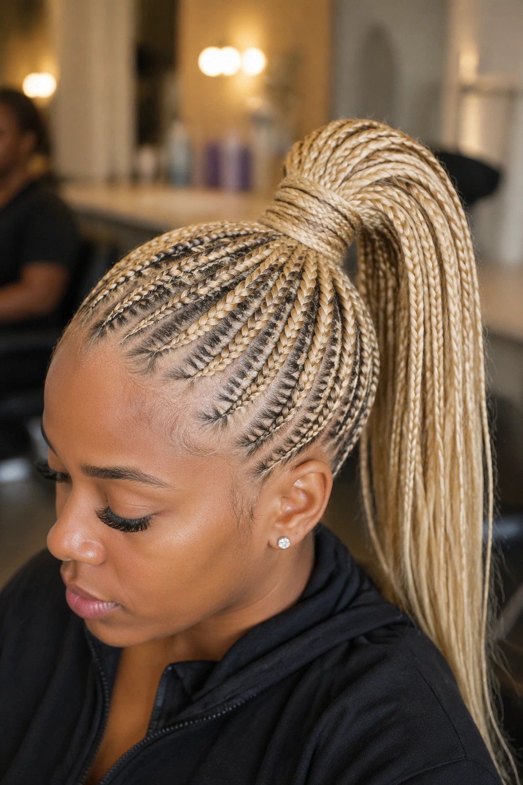 Close-up of stitch cornrows forming a high ponytail in champagne blonde
