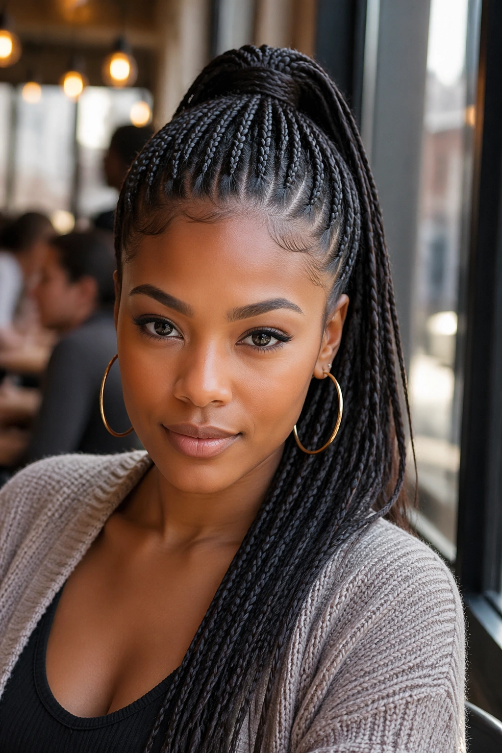 Close-up of real person with high crown ponytail of cornrows