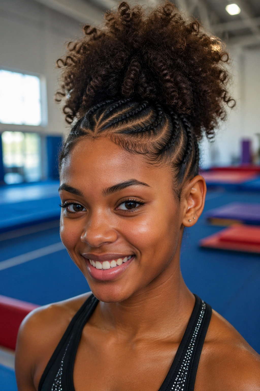 Close-up of a cheer athlete's cornrows forming a high puff hairstyle