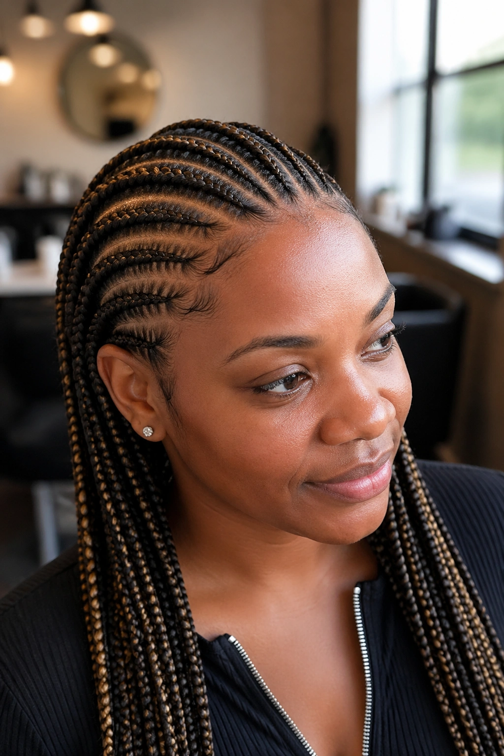 Close-up of highlighted cornrows on a real person