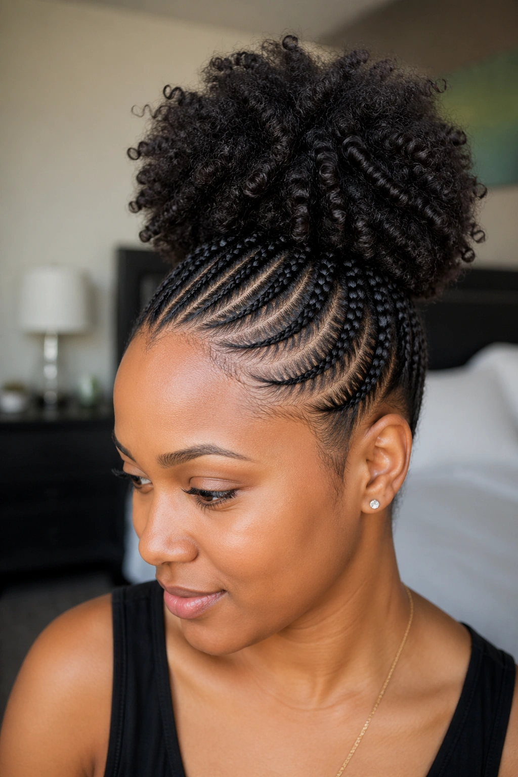 Real person with small cornrows leading to a high puff at the crown