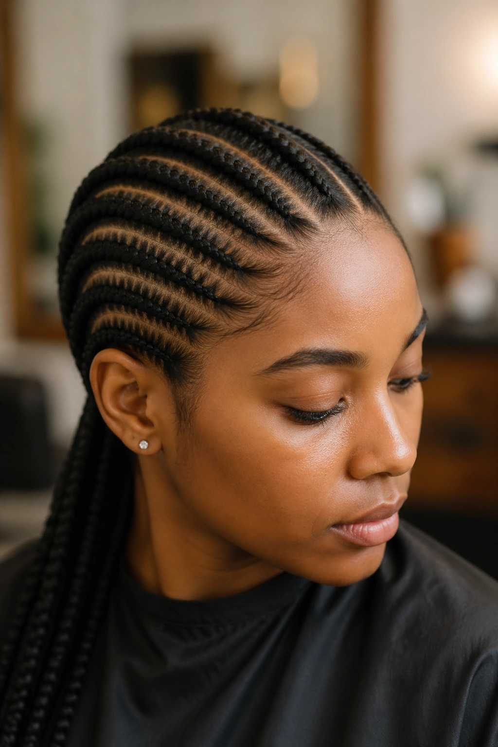 Close-up of real person with intricate cornrow braids in a sunlit hair salon