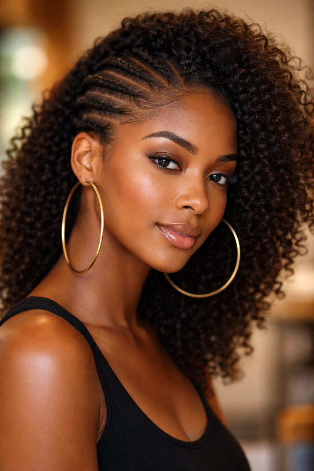 Real person wearing large hoop earrings with side cornrows