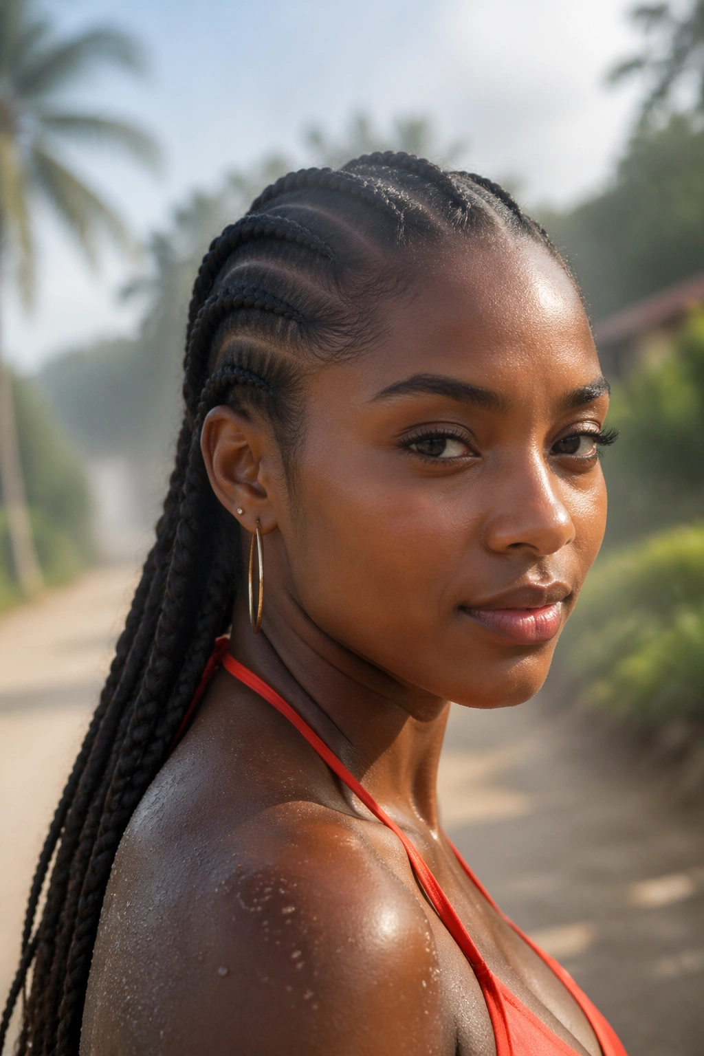 Portrait of cornrows defined in a humid outdoor setting.