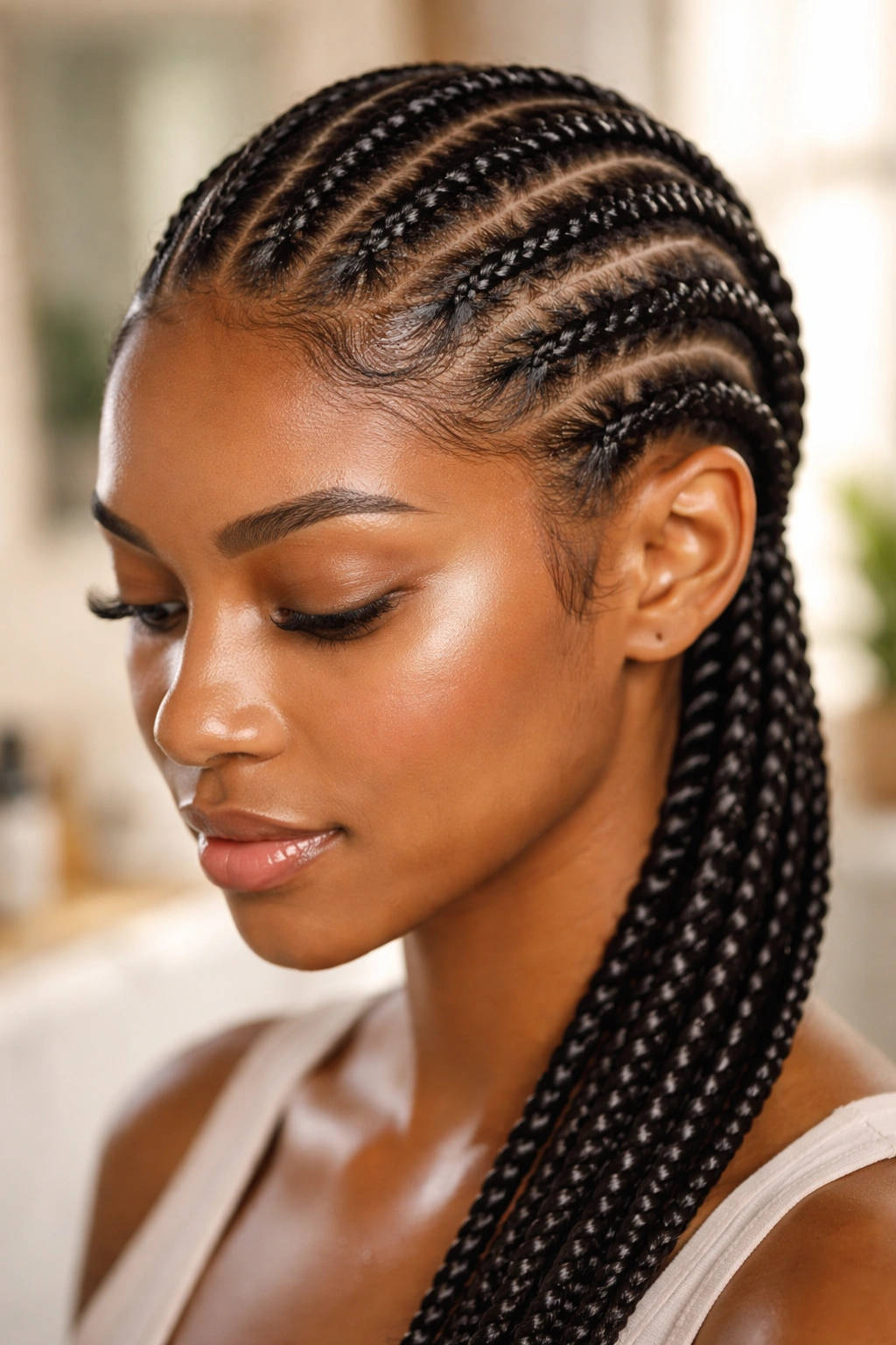 Close-up of real person with cornrows showing a light serum sheen along the braids