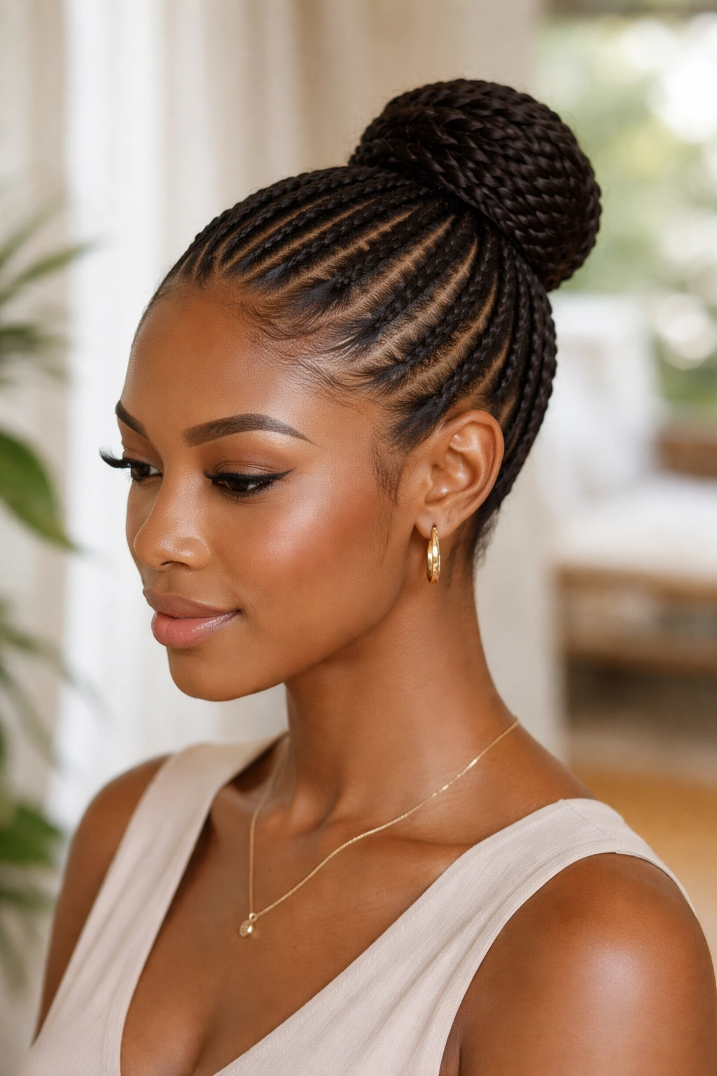 Portrait of a real woman with cornrows that lead into a neat bun.