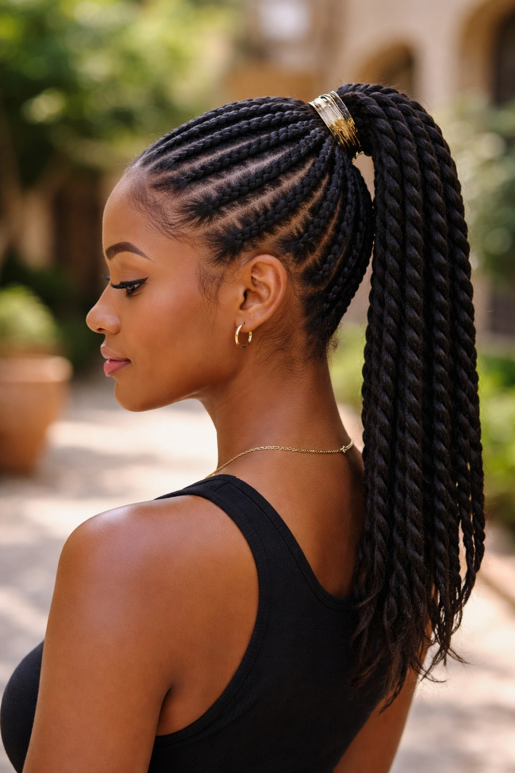 Close-up of cornrows flowing into a high ponytail