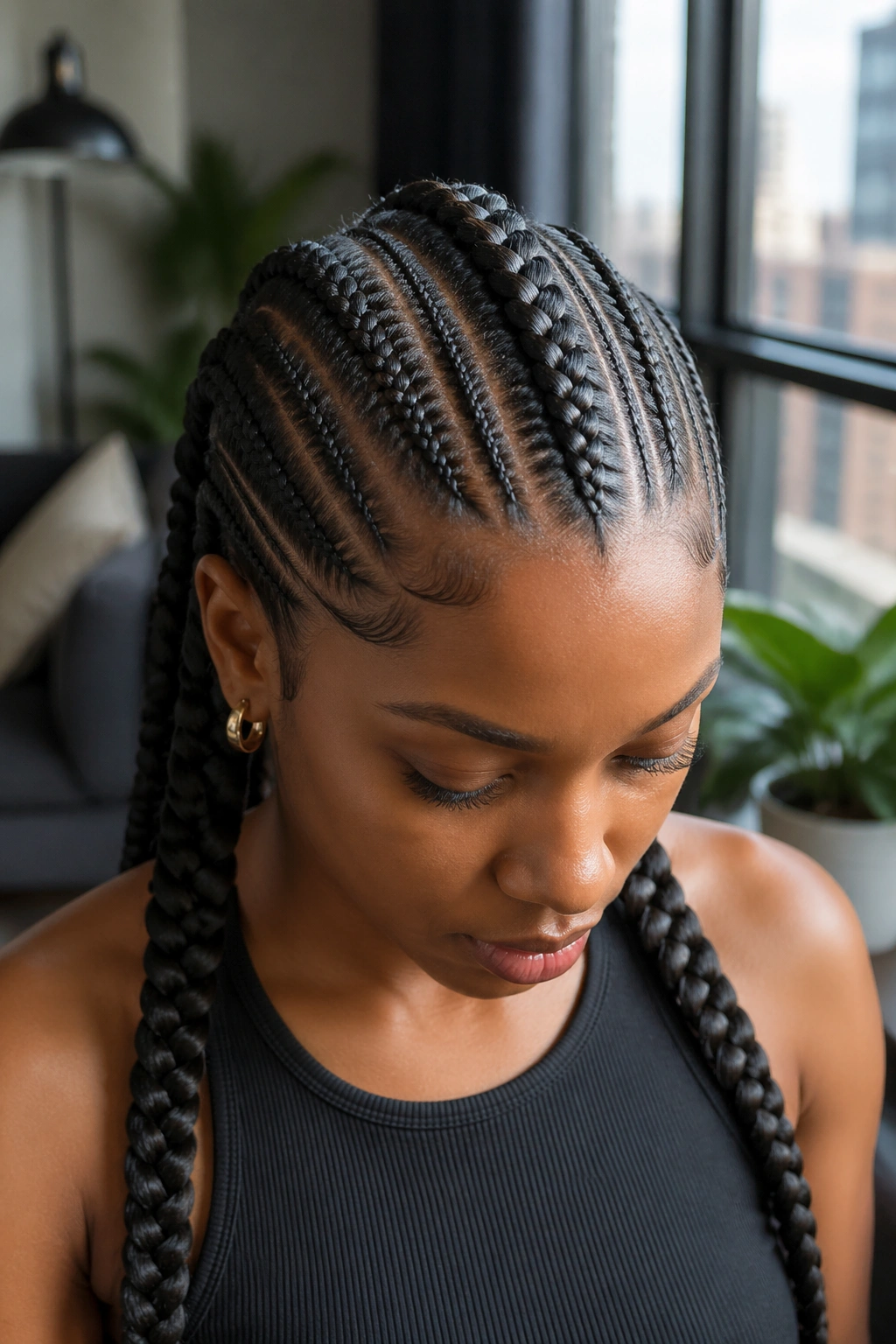 Portrait of person with jumbo accent cornrows among small cornrows.