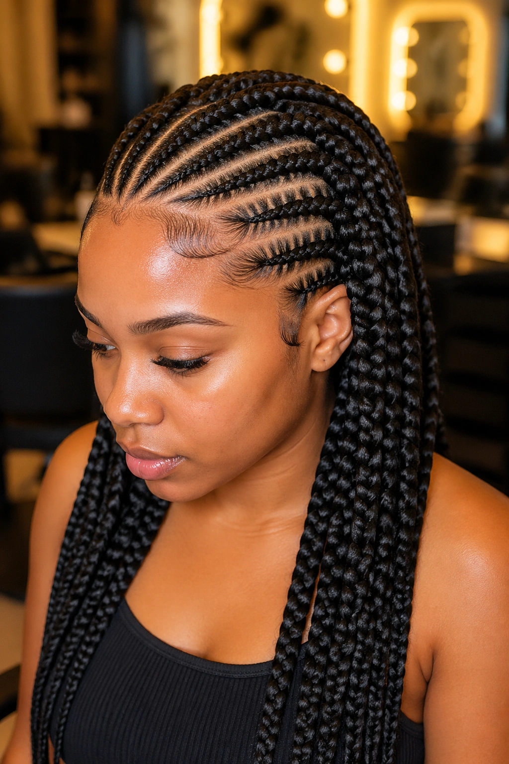 Front cornrows transitioning to jumbo box braids on a real person