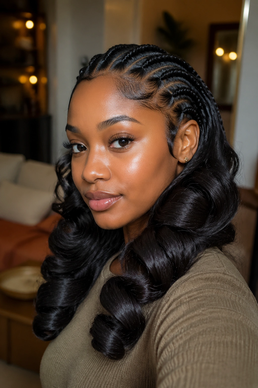 Close-up of a real woman with jumbo curls at the ends of cornrows.
