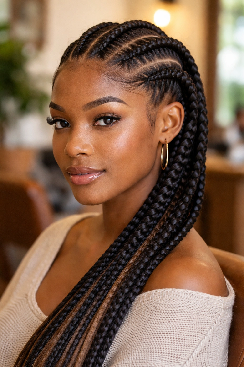 Close-up of a real woman with jumbo feed-in cornrows in a salon, bold gradient thick braids