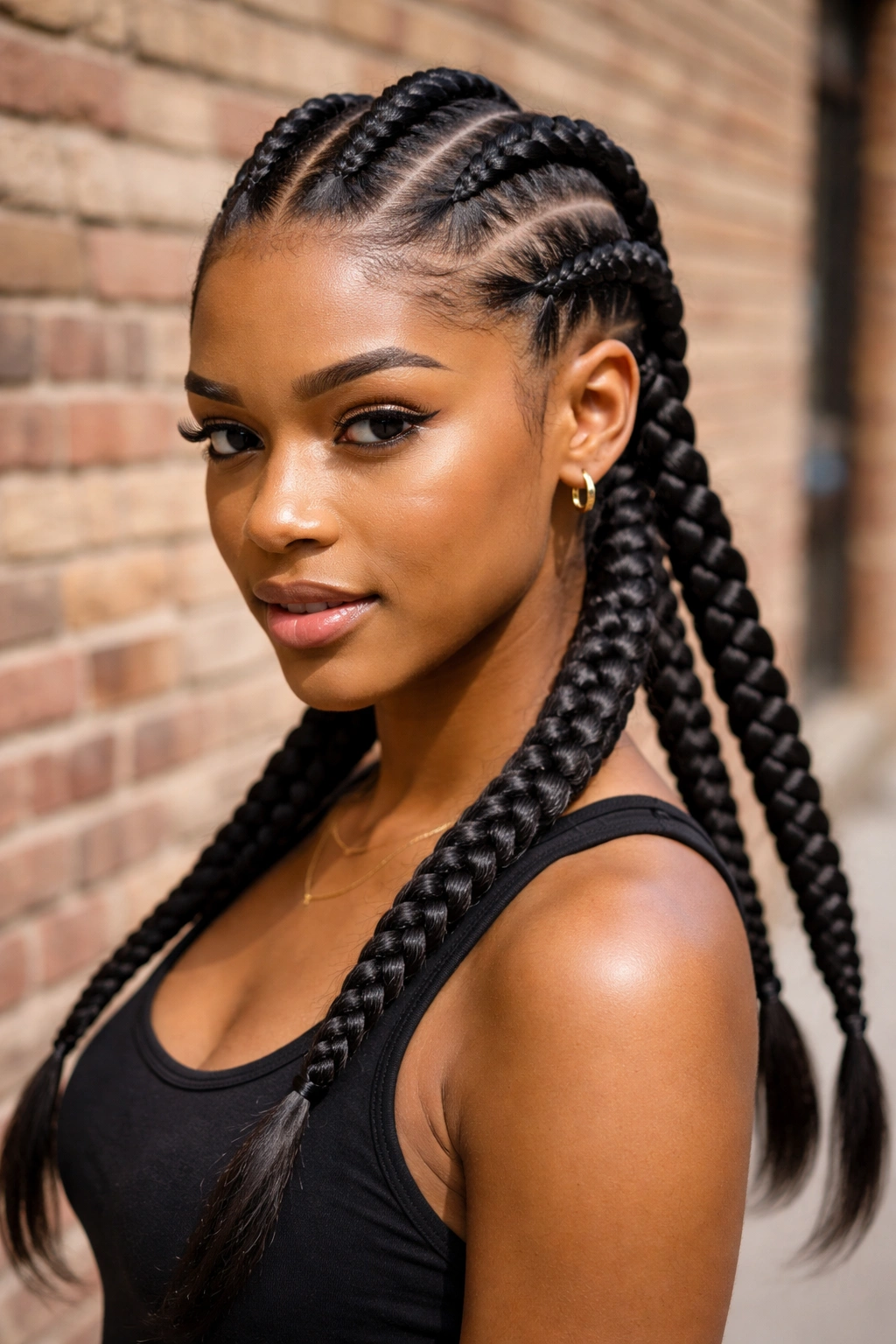 Close-up portrait of a person with jumbo four cornrows going back in natural daylight