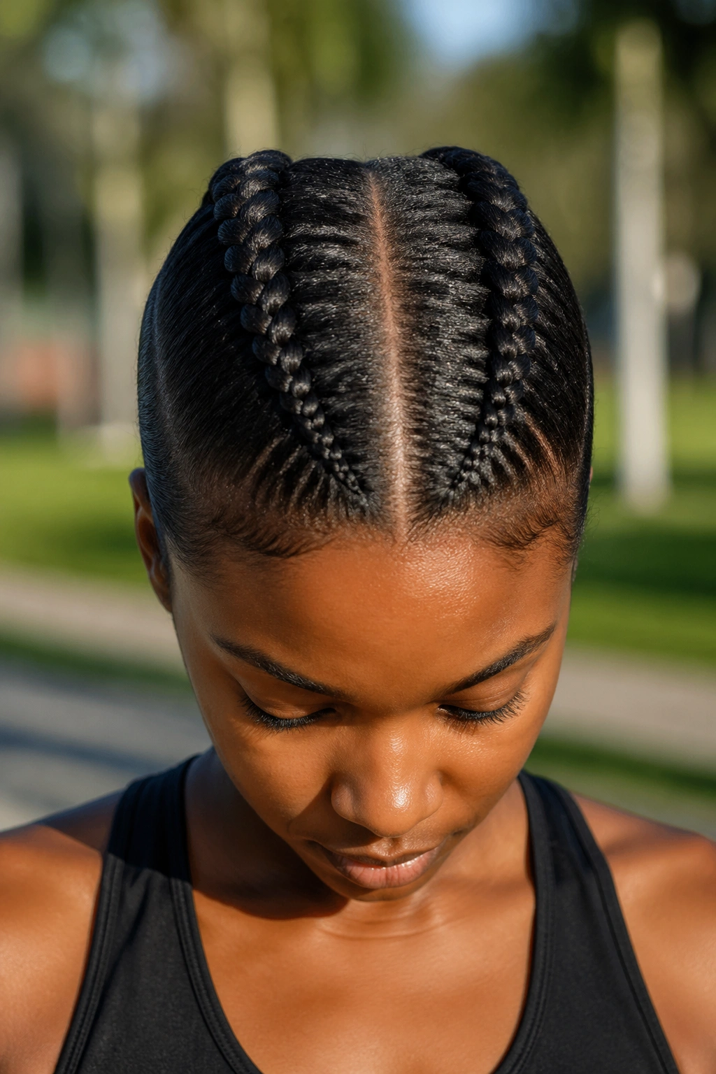 Close-up portrait of a person with two thick center-running jumbo cornrows outdoors in daylight