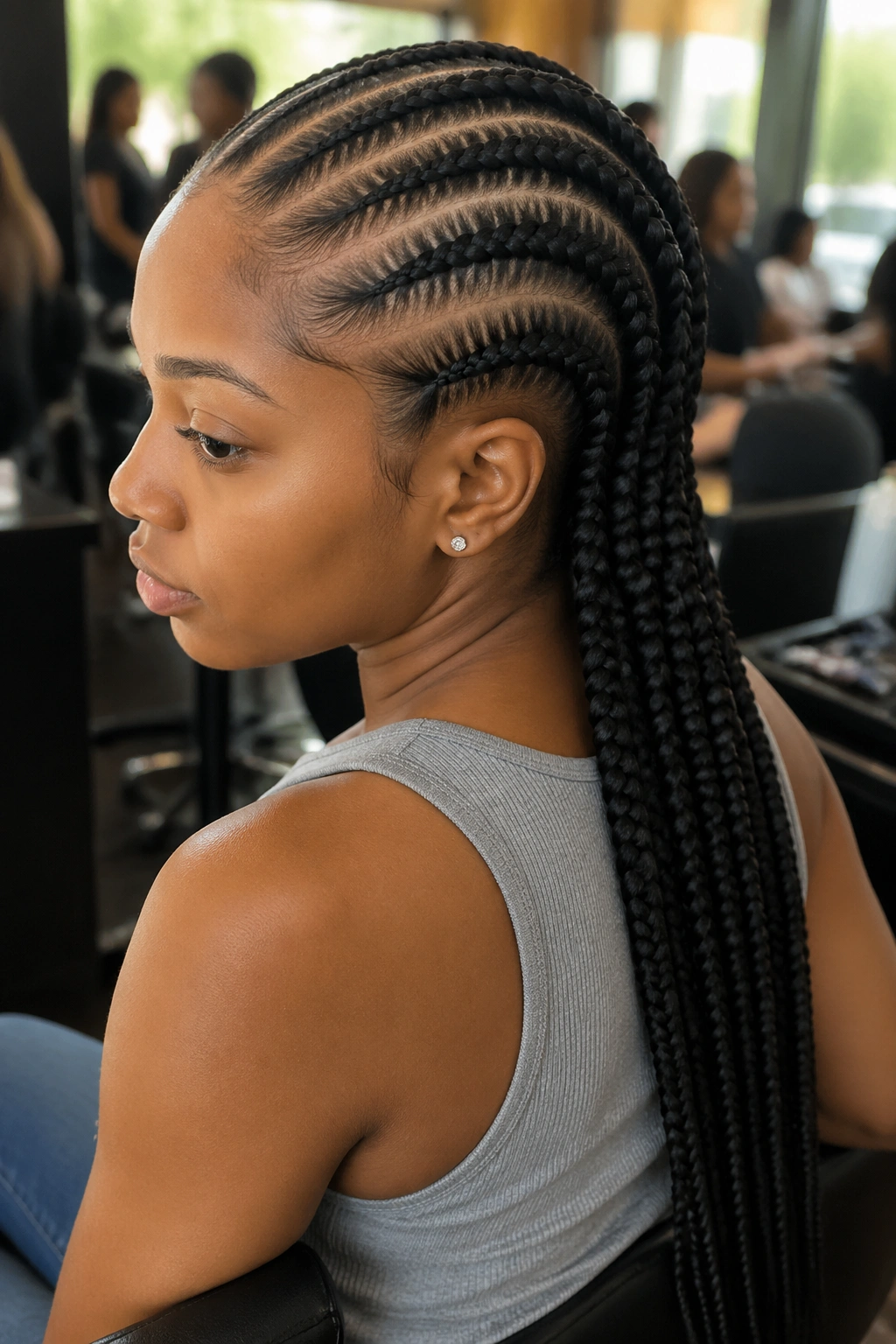 Close-up of a real woman with eight feed-in Kanekalon cornrows from hairline to mid-back in a salon