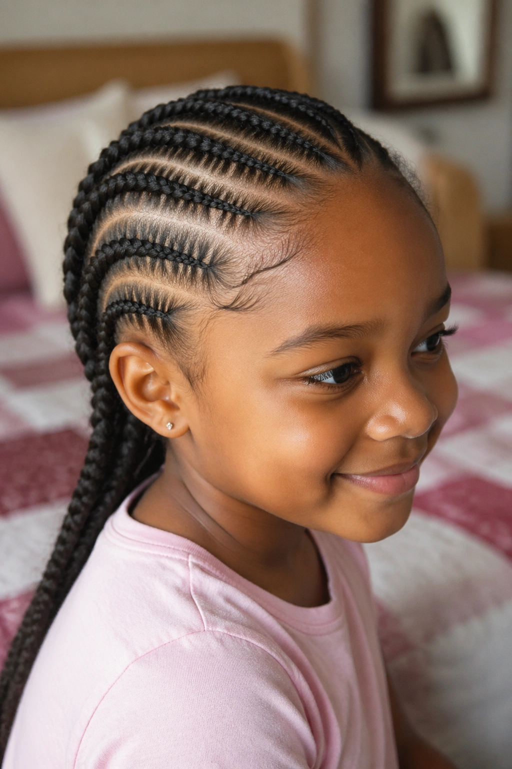 Close-up of a child with neat cornrows in warm bedroom light