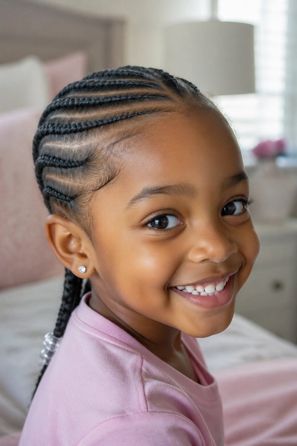 Close-up of a real child with neat cornrows from hairline to nape in a cozy bedroom
