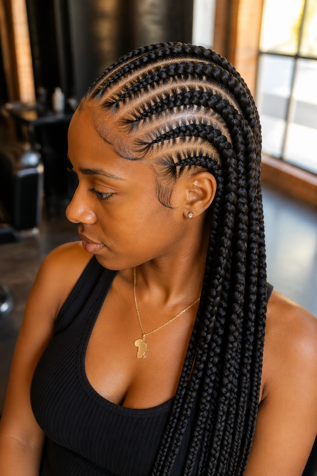 Close-up of jumbo lemonade braids sweeping across the crown on a real person with thick extensions