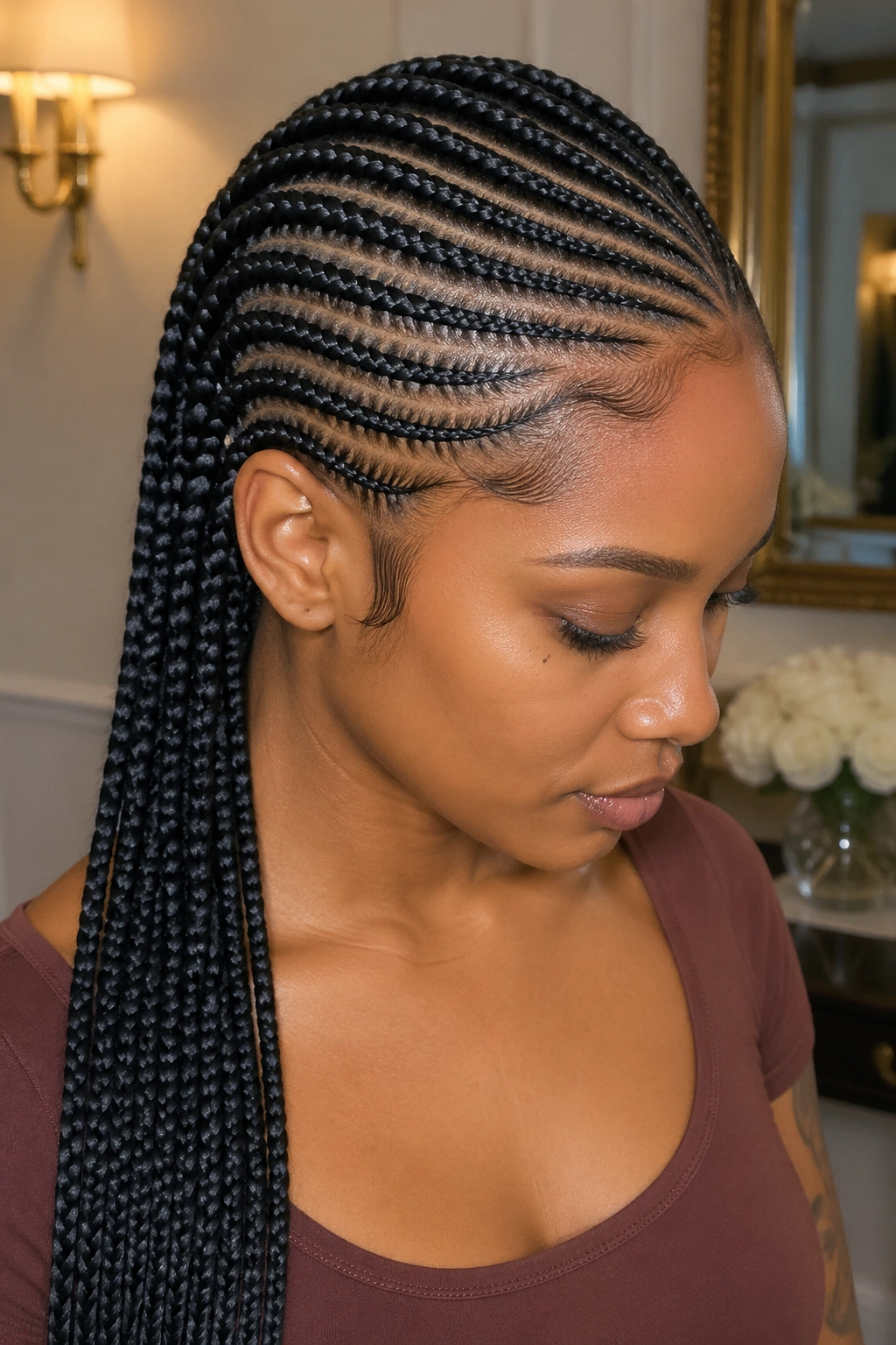 Side-swept lemonade cornrows with needle stitch on a real person.