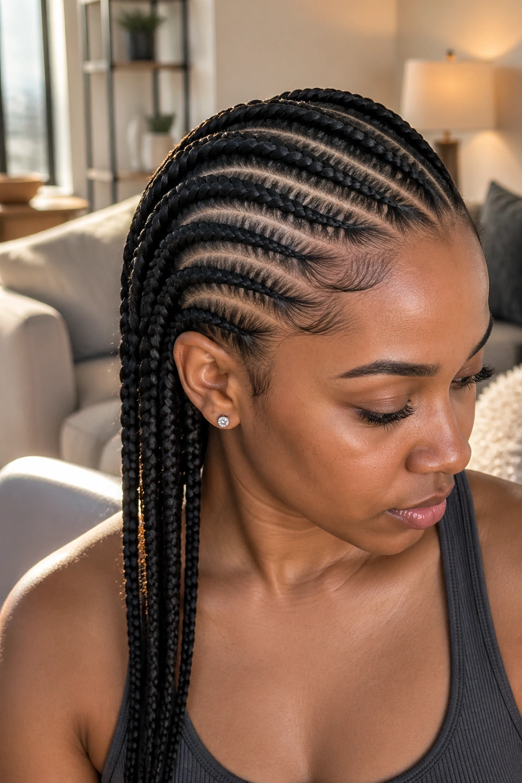 Close-up of a real woman with five lemonade cornrows sweeping diagonally from the right hairline to the left shoulder
