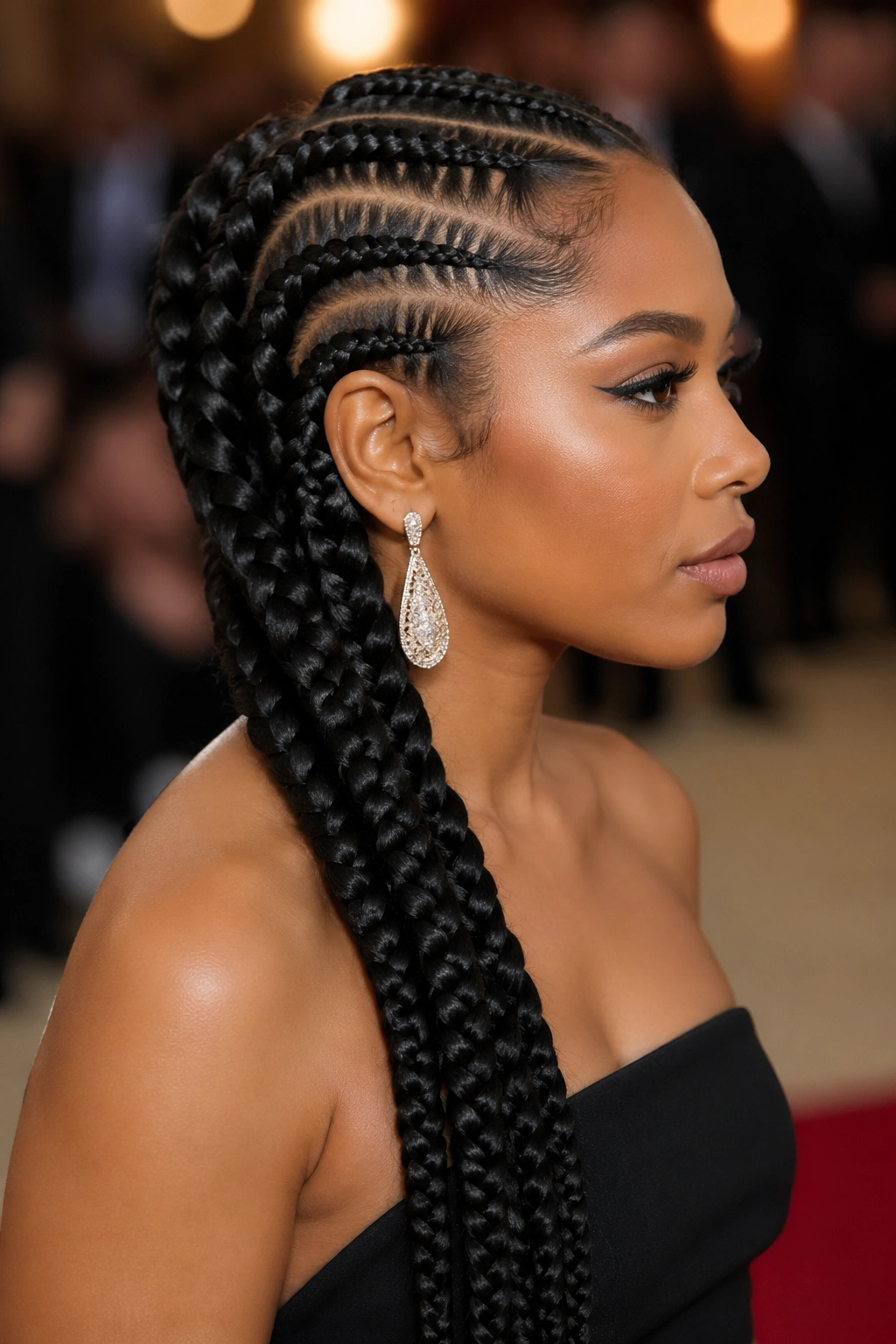 Portrait of a woman with jumbo lemonade cornrows angled to the side.