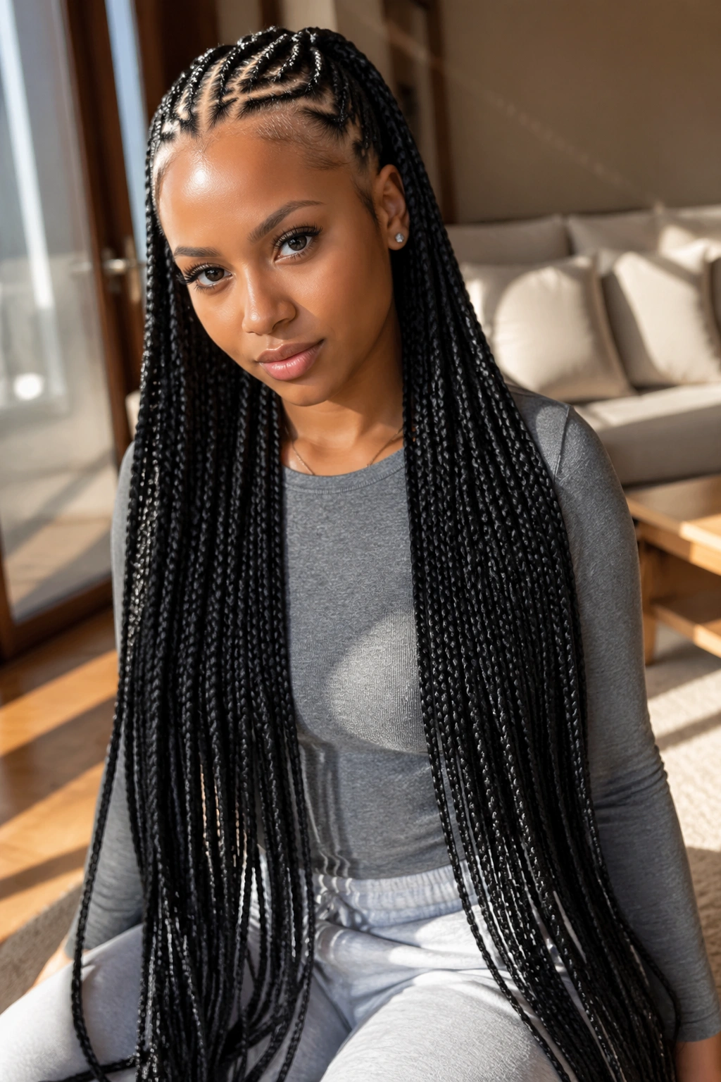 Close-up portrait of a real woman with front cornrows and long box braids cascading past the waist