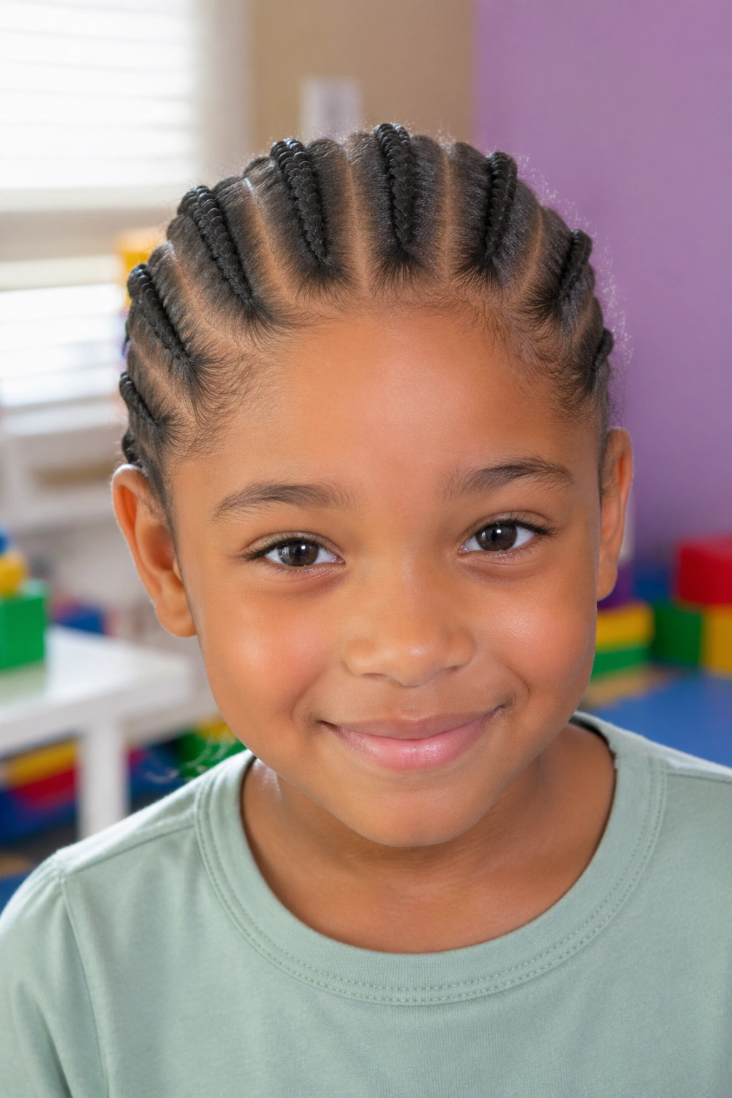 Close-up of a child with fresh cornrows in a bright playroom