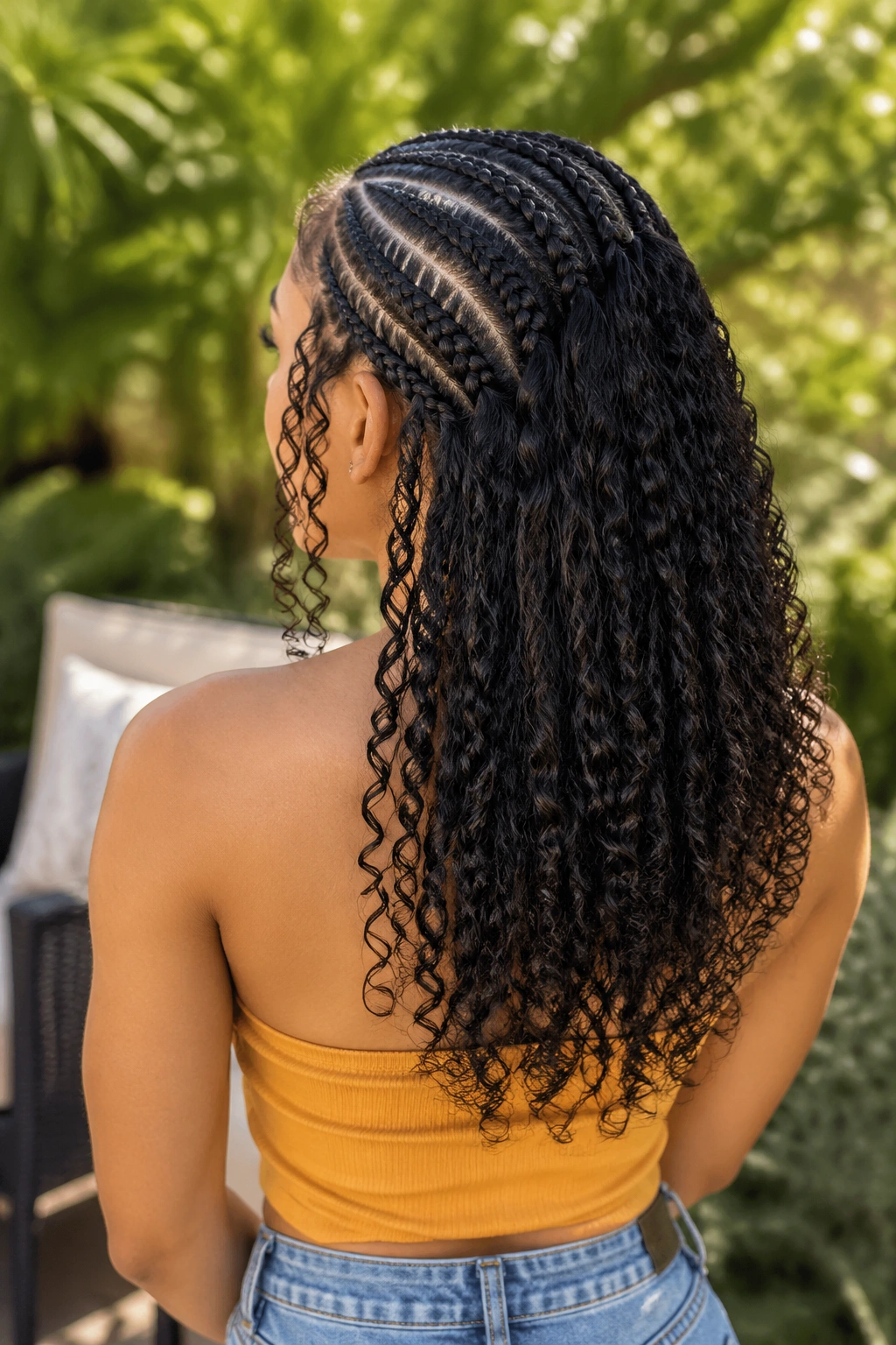 Three-quarter back view of a woman with crown cornrows and curly loose ends down the back.