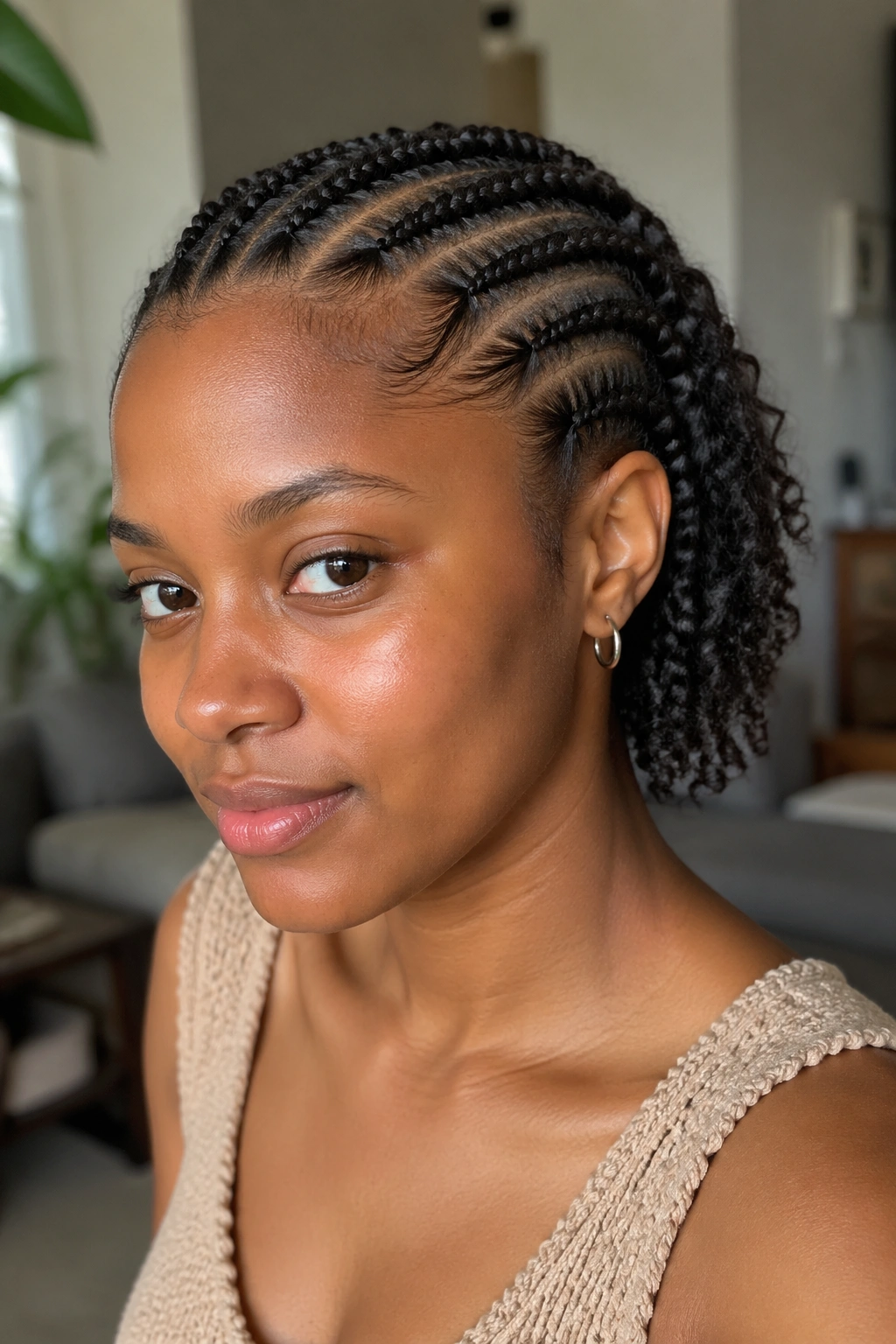 Close-up of a real person with cornrows ending in loose curls on short afro hair in natural window light