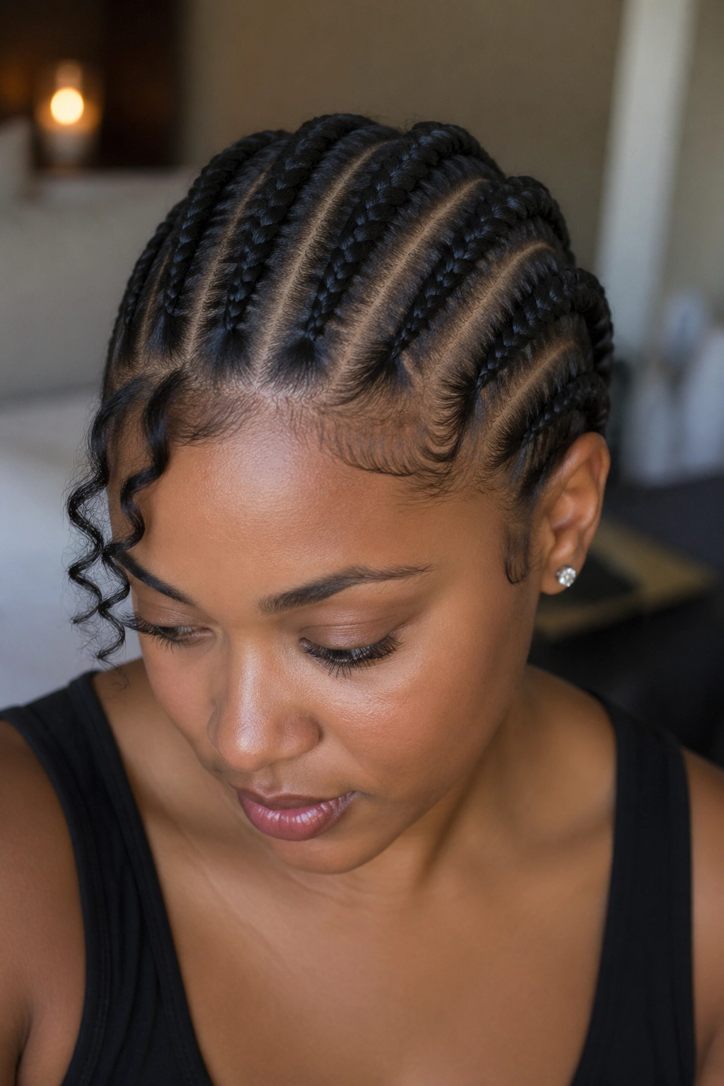 Close-up of a real person with five thick cornrows and a front loose curl.