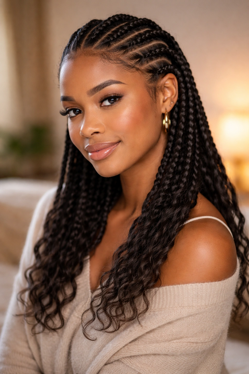 Portrait of a woman with cornrows ending two-thirds down and loose ends