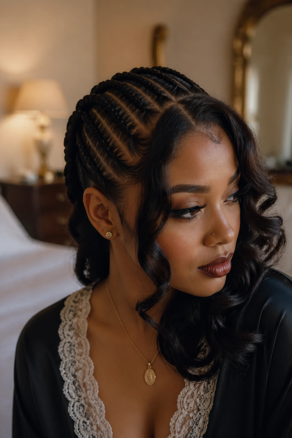 Close-up portrait of a real person with eight crown-back cornrows and loose front hair