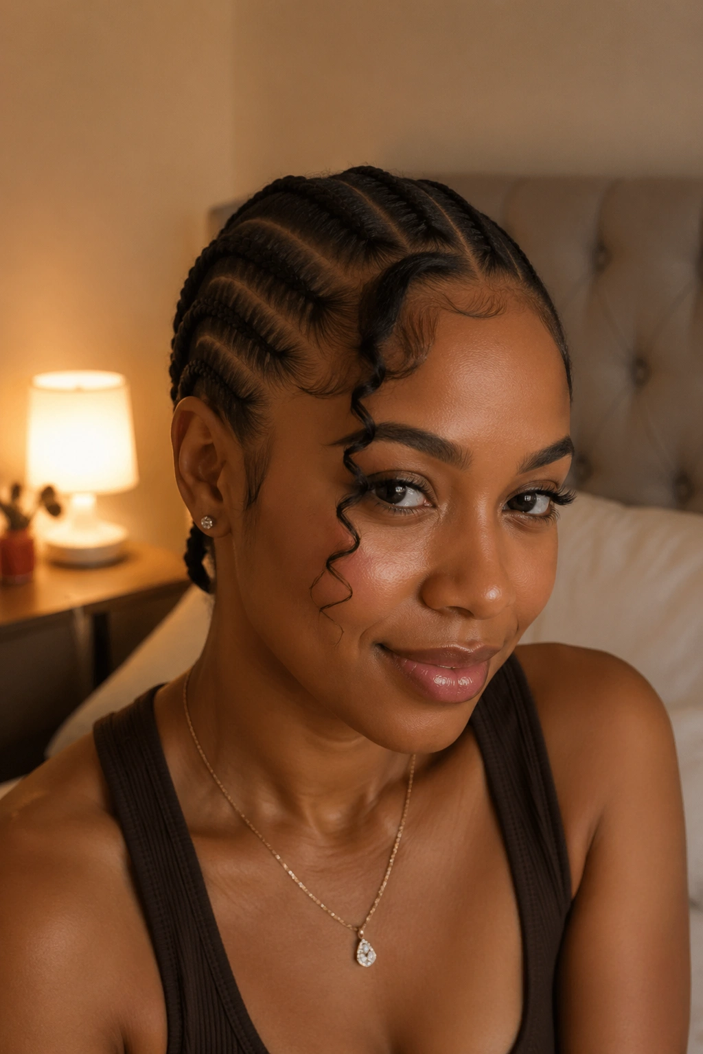 Portrait of back cornrows with a loose front curl along the brow