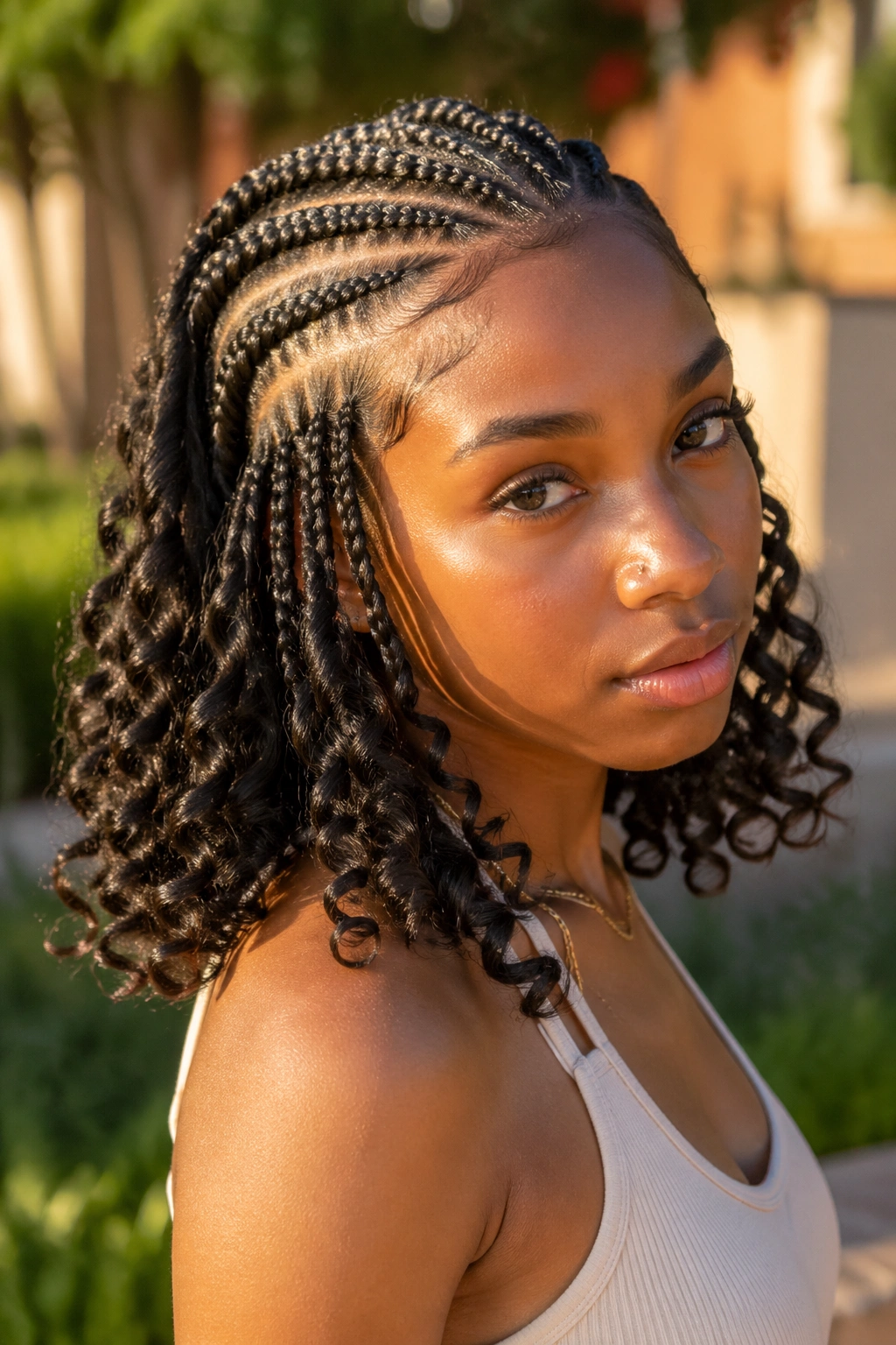 Close-up of cornrows with loose spiral curls on a real person