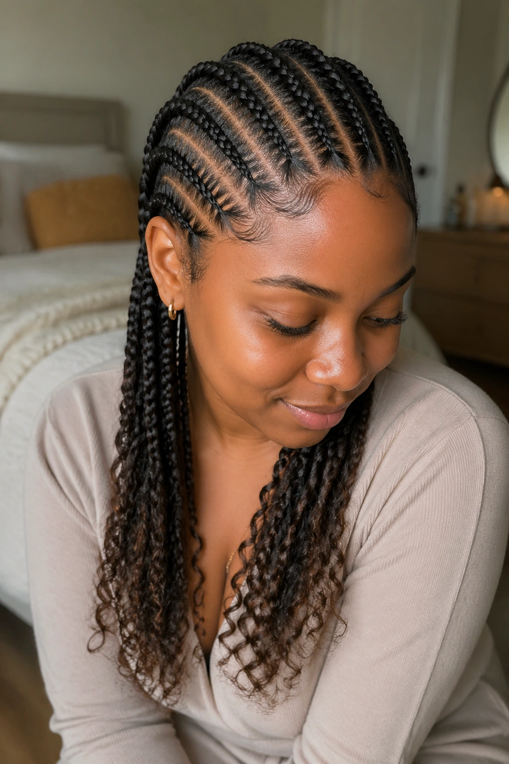 Real person with cornrows ending in loose curling tips indoors
