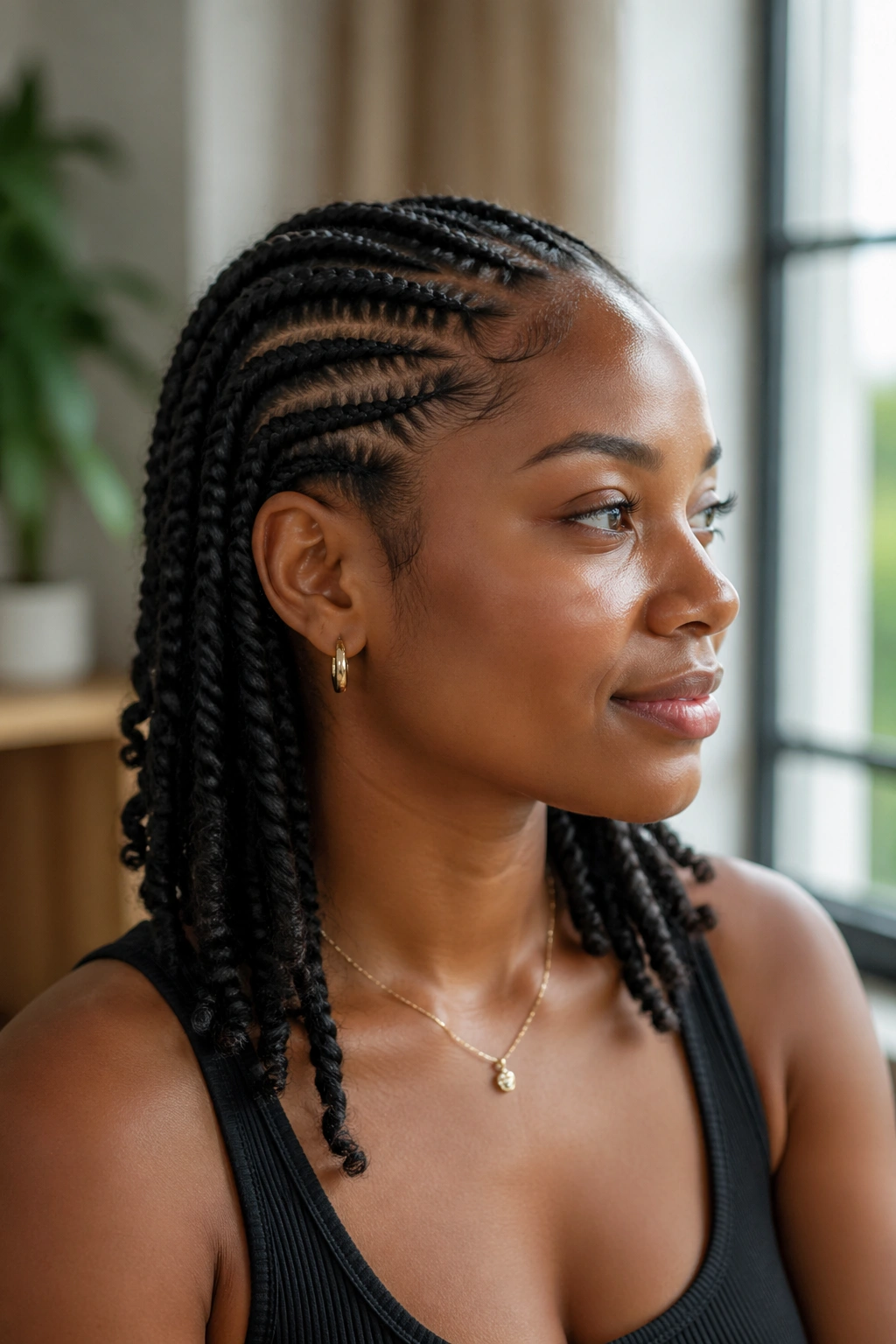 Close-up of a person with cornrows ending in loose twists