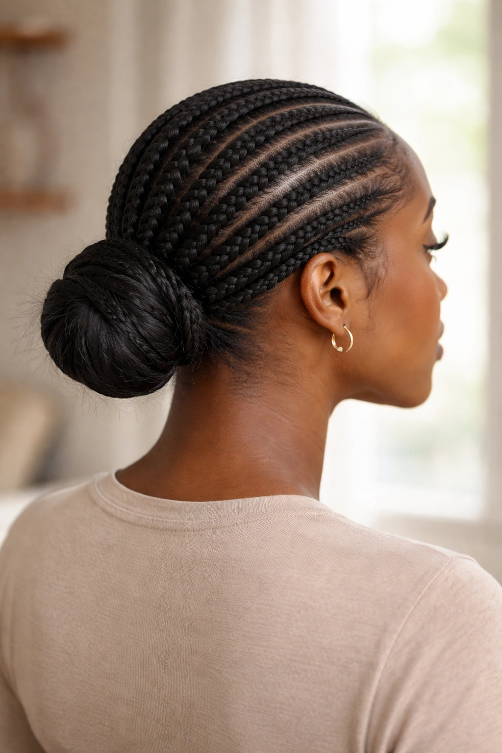Close-up of real woman with all-back cornrows in a low bun